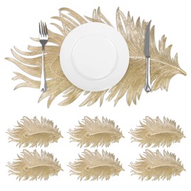 comfoyar Gold Peacock Feather Shaped Placemats Set of 6, 12x20 Inch Non-Slip Vinyl Place Mats, Waterproof Washable Oil Proof Table Mats for Indoor Kitchen Dining Party Table Decoration