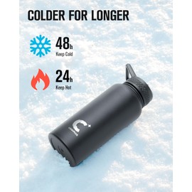 32 oz Water Bottle Insulated, Coolplus Stainless Steel Water Flask With Straw Metal Double-Walled Vacuum With Carry Sleeve Leakproof, Keep Cold 48 Hrs Hot 24hrs, Black