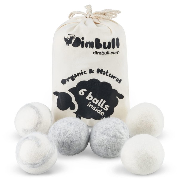 DimBull Wool Dryer Balls, XL - 6 Pack. Reusable, Hypoallergenic,