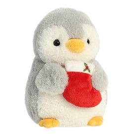 Aurora® Festive Pompom Penguin™ Pompom™ with Stocking Stuffed Animal - Vibrant Companions - Endless Fun - Gray 8 Inches