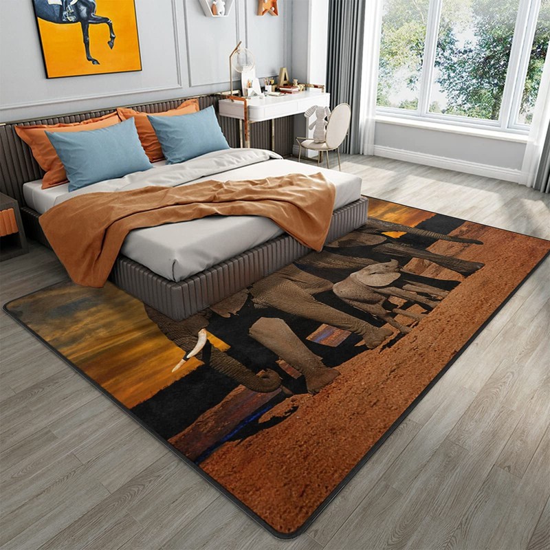 9CH African Elephant Sunset Area Rug, Non-Slip African Rugs for