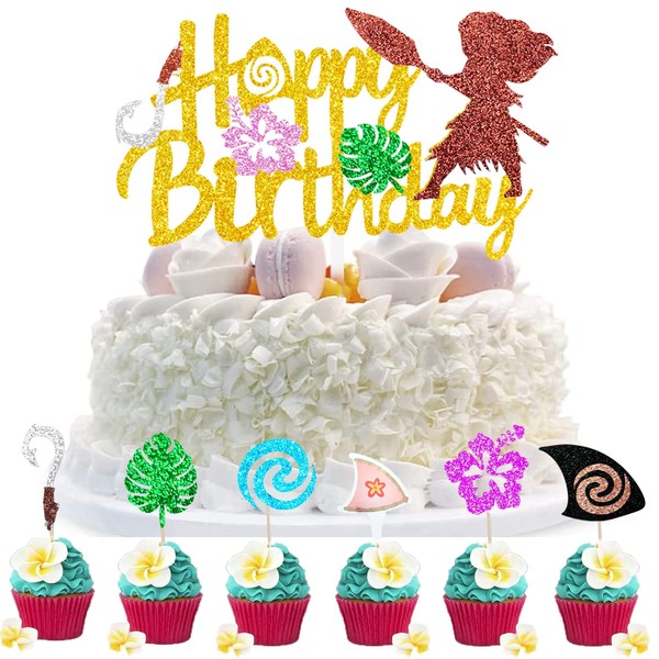 Juego de 31 decoraciones para tartas y cupcakes con purpurina inspirada en Moana hawaiana de verano tropical Luau, decoración de fiesta de cumpleaños