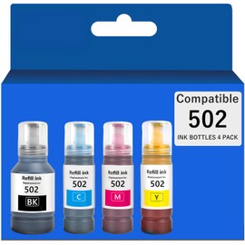 Refill Ink Compatible with Epson 502 Ink Refill Bottles 4 Pack for Ecotank ET-2760 ET-4760 ET-3760 ET-3850 ET-2850 ET-3750 ET-2750 ET-4750 ET-4850 ET-3830 ET-2700 Black Cyan Magenta Ink Bottle