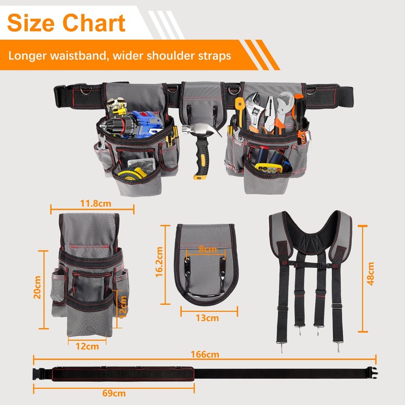 Tool Belt With Suspenders, 22 Pockets Tool Bags, Multi-Functional Adjustable