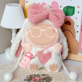 17cm Plush Doll Outfit Set: Personality Adorable Fluffy Teddy-Style Jumpsuit with Big Ears, Insulated Bottle & Glasses for Fashion Dolls (No Doll Included)