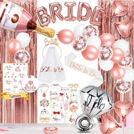 Rose Gold Bachelorette Bridal Shower Party Decorations Kit, Large Bride Foil Balloons Champagne Foil Balloons Fringe Curtains Backdrop Rose Gold Confetti Balloons Photo Props Tattoo Sheets Sash Veil