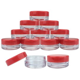 (50 Pieces Jars + Lid) Beauticom 3G/3ML Round Clear Jars with RED Screw Cap Lids for Scrubs, Oils, Toner, Salves, Creams, Lotions, Makeup Samples, Lip Balms - BPA Free