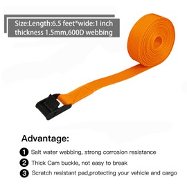 Lashing Strap Short Orange 1" x 6.5 ft, Cam Buckle Tie Down Straps Heavy Duty Secure Straps up to 700 lbs Capacity for Motorcycle,SUP, Kayak, Canoe, Surfboard, Cargo, Boat,Trailer, Luggage, Moving
