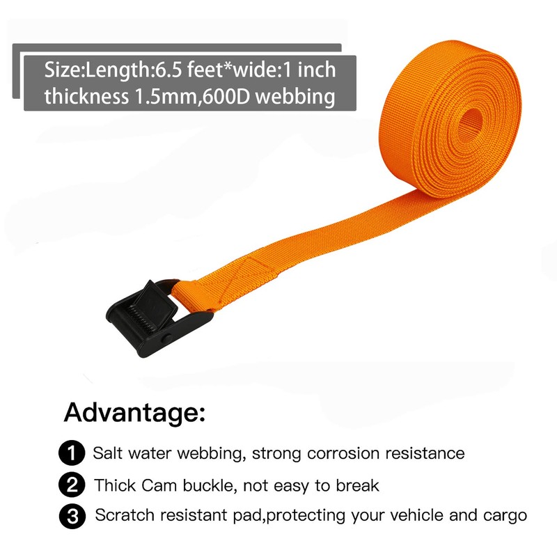 Lashing Strap Short Orange 1" x 6.5 ft, Cam Buckle