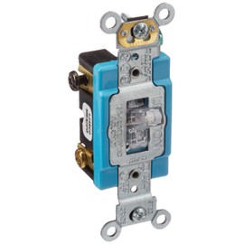 Leviton 1201-PLC 15 Amp, 120 Volt, Toggle Pilot Light, Illuminated ON, Req. Neutral Single-Pole AC Quiet Switch, Industrial Grade, Self Grounding, Clear