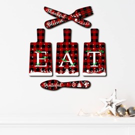 clothmile 6 Pcs Christmas Cutting Board Eat Sign Knife Spoon and Fork Wall Decor Buffalo Plaid Eat Sign Decor Burlap Wood Eat Kitchen Wall Decor Christmas Hanging Art Xmas Farmhouse Kitchen Decor