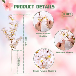 Yinhua 6 Pcs Artificial Cherry Blossom Branches, 39.4 inchs White Silk Long Stem Artificial Flowers for Tall Vase, Faux Cherry Blossom Stems for Wedding, Party, Spring Indoor Home Decor