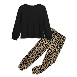 Arshiner Girls 2 Piece Outfits Black Tracksuits Sweatshirts and Leopard Pants with Pockets Kids Clothing Sets