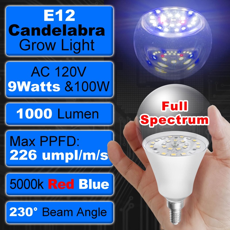 Grow Light Bulbs Full Spectrum with Red Blue 5000K E12