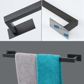 Vanloory 5 Pieces Self Adhesive Bathroom Hardware Set-SUS304 Stainless Steel-Towel Rack Set Include 24″Towel Bar+Toilet Paper Holder+3 Towel/Robe Hooks Bathroom Accessory Towel Bar Set (Black, 24 in)