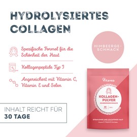 Highly Efficient Collagen Powder with Raspberry Flavour - Collagen Peptides Type 1 - Vitamin C, Vitamin E, Selenium - For Radiant Young Skin - 3400 mg Hydrolysed Collagen Per Dose - Vitavea