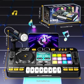 RedCrab Kids DJ Mixer Table with Microphone,Bluetooth,8 Piano Keys, LED Lights, Interactive Music Toy for Children, Musical DJ Set for Kids 3 4 5 6 7 8+ Birthday Gift(Black)