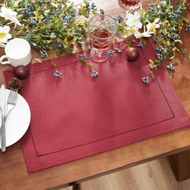 Elrene Home Fashions Alison Eyelet Border Design Cloth Wrinkle Resistant Fabric Placemat, Set of 4, 13"x19", Cranberry