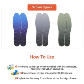 Sintege 3 Pairs Breathable Shoe Insoles Inserts Soft Cushioning Double-Layer Latex Foam Perforated Replacement Insoles for Men 7-11 Woman 2-8 (Gradient Blue, Green, Grey)