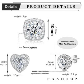 CHARIFIN Aretes zirconia corazon redondo cuadrado Piercing oreja diamante acero inoxidable Aretes piedras Paquete de broqueles acero quirurgico plateado Aretes para mujer 3 pares