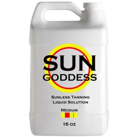 SUN GODDESS – MEDIUM - Spray Tan Solution - 16 oz - Sunless Self Tanning Liquid for Airbrush or HVLP System + INCLUDES: Applicator Mitt, Application Gloves and Best Fake Tanner Lotion Mousse Sample