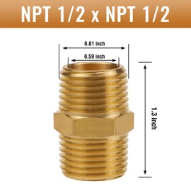 Napredak Brass Hex Nipple NPT 1/2 Male x NPT 1/2 Male Pipe Fitting Adapter, Solid Brass straight Coupler coupling for Air, Water, Oil, Gas, 2pcs