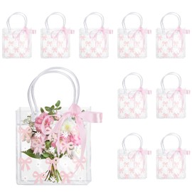 10PCS Pink Bow Clear Gift Bags with Handle Ribbon, 16x15x8CM PVC Clear Bags For Gifts, Coquette Bowknot Daisy Flower Party Bag for Wedding Birthday Party Valentine's Day Baby Shower