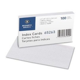 Business Source Products - Index Cards, Ruled, 90lb., 5"x8", 100/PK, White - Sold as 1 PK - Ruled index cards make note-taking easy and simple. Cards are rotary-cut for uniform height and ruled on one side only for versatile note-taking space. Each card 