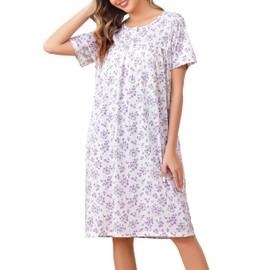 Vlazom Women's Nighties Button Front Long Nightdress Pleated Lace Nightgowns Luxury Soft Touch Nightgshirt with Pockets,Purple Flower,S