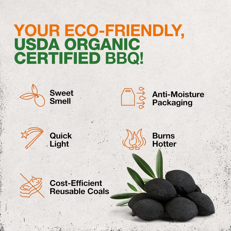 Organic Charcoal Briquettes by Olivette, Reusable Charcoal for Grilling, USDA