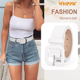 WHIPPY Women Leather Belt Candy Color Fashion Square Buckle Belt Ladies Belt for Jeans Pants Dresses, White, L