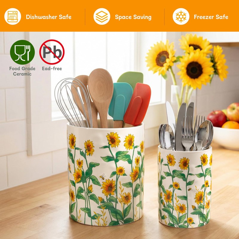Sunflower Utensil Holder, 7.1"+5.4" Ceramic Utensil Holder for Kitchen Counter,