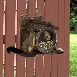 Okydoky Squirrel Feeder, Squirrel Feeders for Outside, Durable Wooden Chipmunk Feeder with Open Roof, Nuts Bar for Corn, Peanuts, Sunflower Seeds NO.SSWSQ02-YUAN