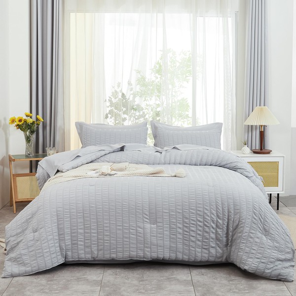 AveLom Light Grey Comforter Queen Size Set with Sheets - 7 Pieces Bed in a Bag Seersucker Complete Bedding Set, All Season Lightweight Bed Set with Comforter, Sheets, Pillowcases & Shams