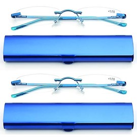 Newbee Fashion 2 Pack Compact Reading Glasses On The Go Slim Reading Glasses in Tube Reader Frameless Super Light Weight Reading Glasses Rimless in Aluminum Case Women Reading Glasses Blue 2.50
