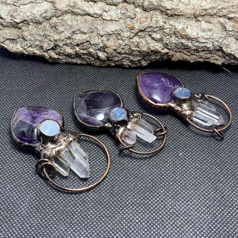 TEAMWILL 1PC Heart Natural Amethyst Crystal Pendant Clear Quartz Healing