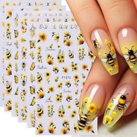 6 Sheets Flower Nail Art Sticker Decals, Sunflower Bee Butterfly Nail Stickers Spring Nail Decals for Nail Art Cute Floral Design Nail Supplies Elegant Self Adhesive Decals for Women Nail Decor