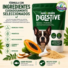 BARK & BRAWN Digestive Probióticos para Perro 450g Suplementos para Perro Enzimas Digestivas con Raíz de Achicoria, Bromelina, Papaína, Linaza y Omega 3 hasta 90 Porciones