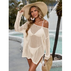 BreathSunny Womens Crochet Oversized Beach Mini Dress Summer 2025 Off Shoulder Side Slit Long Sleeve Bathing Suit Cover Up, Cream White, Large