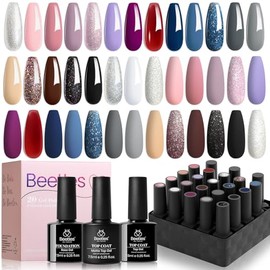 Beetles 23Pcs Gel Polish Set , All-Season Colours Nude Pink Gray Blue Red | Burgundy Glitter Manicure Nail Kit with 3Pcs Base and Glossy&Matte Top Coat, Soak off Uv Gel for Women Girls