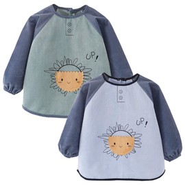 Happy Cherry - Waterproof Bib for Babies with Sleeves Girls Baby Student Painting Play Food Blouse Baby Nursery - 1-5 Years 1-2 Years, Sun - blue + green