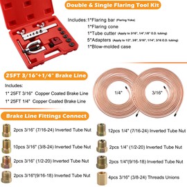 ACBungji 25 FT 3/16" & 1/4" Copper Coated Brake Line Flaring Tool Kit with 32 Fittings and 4 Unions Brake Line Fittings, Black Line Double & Single Flaring Tool Kit, Fits Fuel Systems