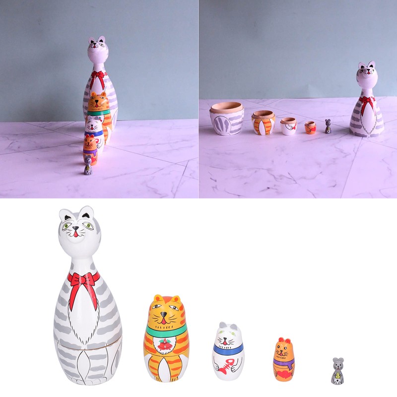 5Pcs Nesting Dolls Kit Innovative Cartoon LongNecked Cat Ornament Wooden