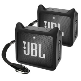 Pair of Protective Silicone Cover for JBL GO2 Case, Cute Shockproof Travel Carrying Case for JBL GO 2 Speaker Cover Sleeve with Adjustable Wrist Strap - Black