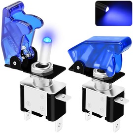 Missile Switch, Rocker Toggle Switch, 12 V, LED Light, Set of 2, Transparent Blue, Safety Cover, LED Included, 3 Pin 2 Gear (ON/OFF), LED Illuminated Toggle Switch, Cabin Control, Automotive