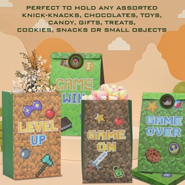 PERFQU 24 PCS Pixel Miner Party Favor Bags Pixel Themed Treat Goodie Bags for Birthday Party Supplies, Boys and Girls Pixelated Video Game Gift Candy Goody Bags for Mine Party or Birthday Party Decorations
