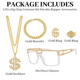 5pcs 80s 90s Hip Hop Costumes Kit with Dollar Sign Chain & Dollar Rings, Fake Gold Chain Bracelet, Disco Glasses Rapper Costumes Accessories for Men Women Cosplay Club Old School Themed Party Supplies (Retro Style 1)