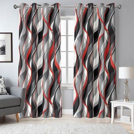 weesire Red and Grey Blackout Curtains Modern Striped Decorative 100% Light Blocking Darkening Grommet Red Curtain for Living Room Villa, Bedroom Gray and Red 2 Panels Set, 52x84 Inches