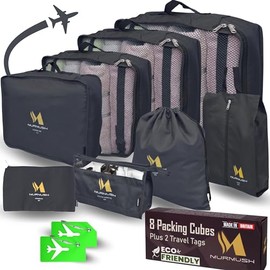 Murmush Eco Packing Cubes for Suitcases 8 PCS + 2 Tags, YKK Zips Suitcase Organiser Bags, Labelled Packing Cubes for Backpack, Ox Fabric Travel Organiser Packing Bags, Packing Bags for Suitcases Black