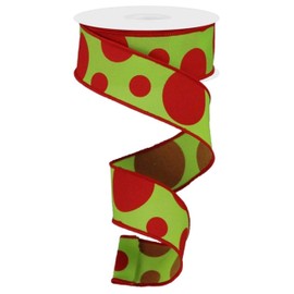 Wired Polka Dot Fabric Ribbon for Christmas Holiday and Everyday Bows, Wreaths, Garlands, Gift Wrap, Tree Toppers. Crafts and Decorations (Lime Green, Red, 1.5" Inches Wide x 10 Yards)